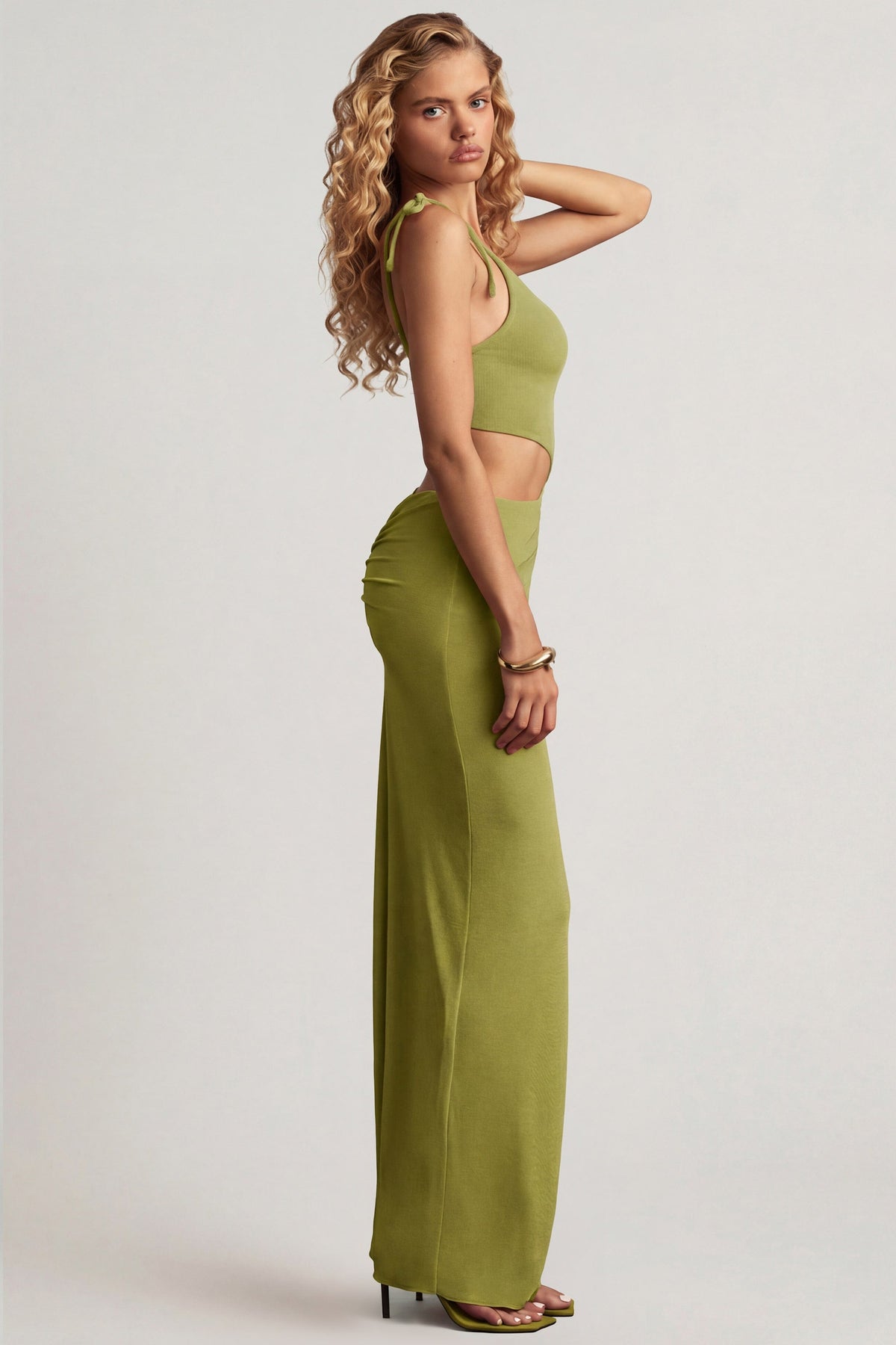 Textured Jersey Asymmetric Maxi Dress in Olive Green