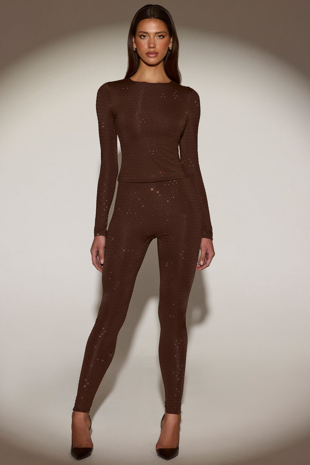 Embellished Crew-Neck Long-Sleeve Top in Chocolate Brown