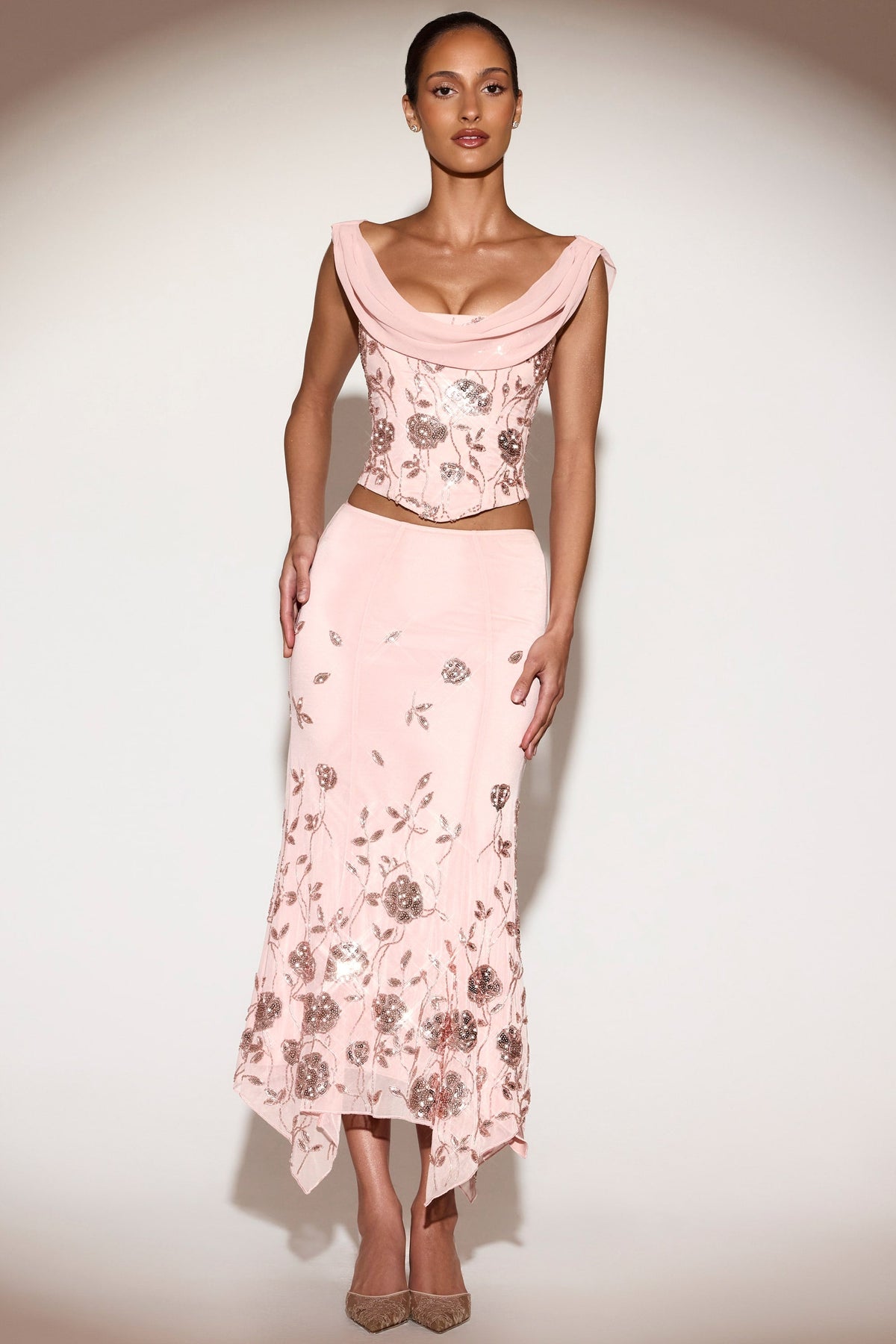 Embellished Mid-Rise Hanky-Hem Midaxi Skirt in Pink