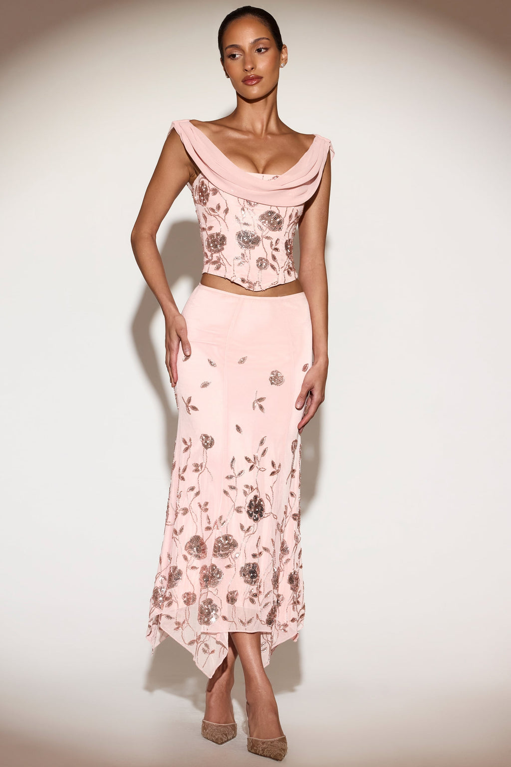 Embellished Mid-Rise Hanky-Hem Midaxi Skirt in Pink