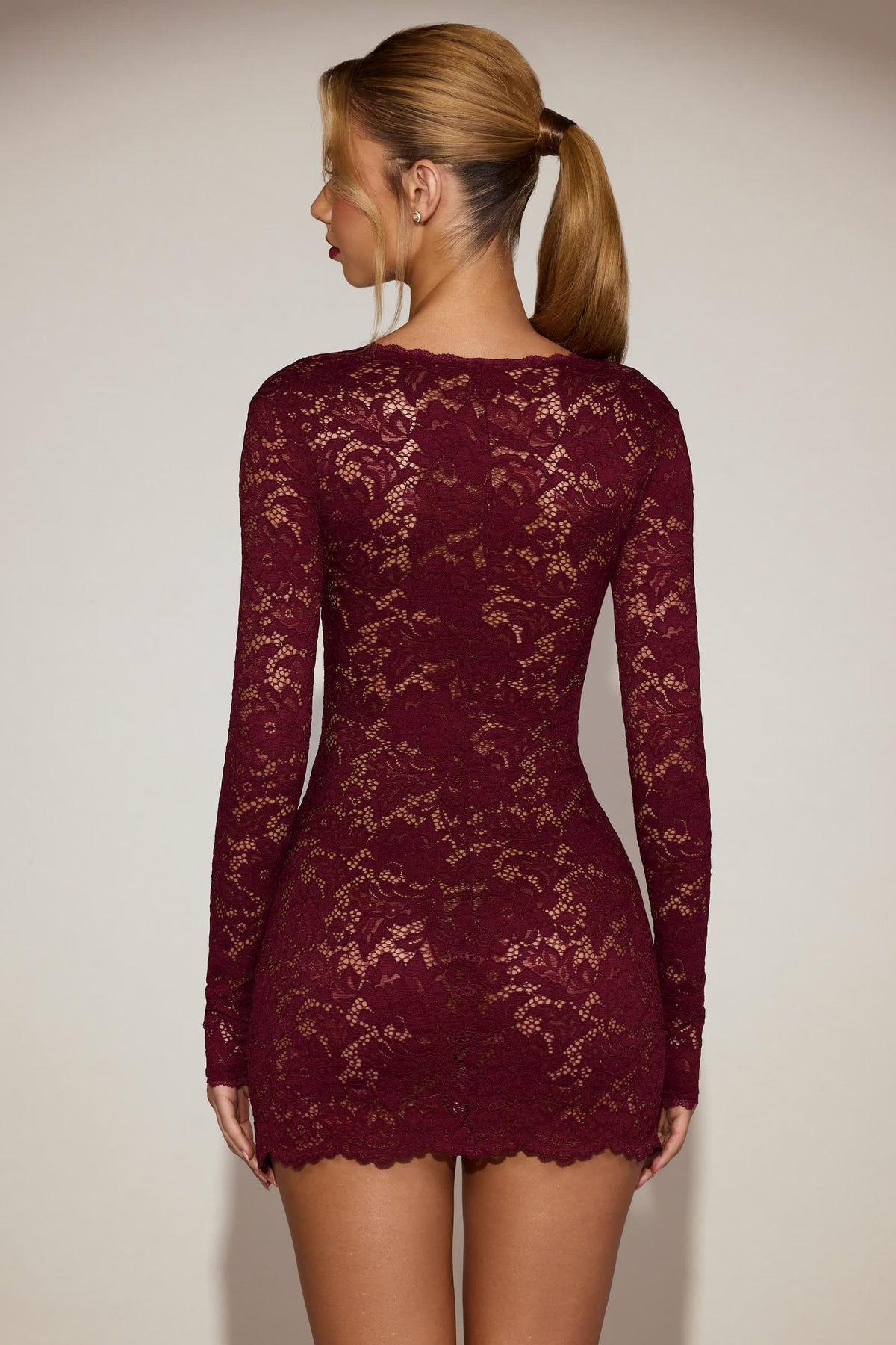 Sheer Scalloped-Lace Long-Sleeve Mini Dress in Wine Red