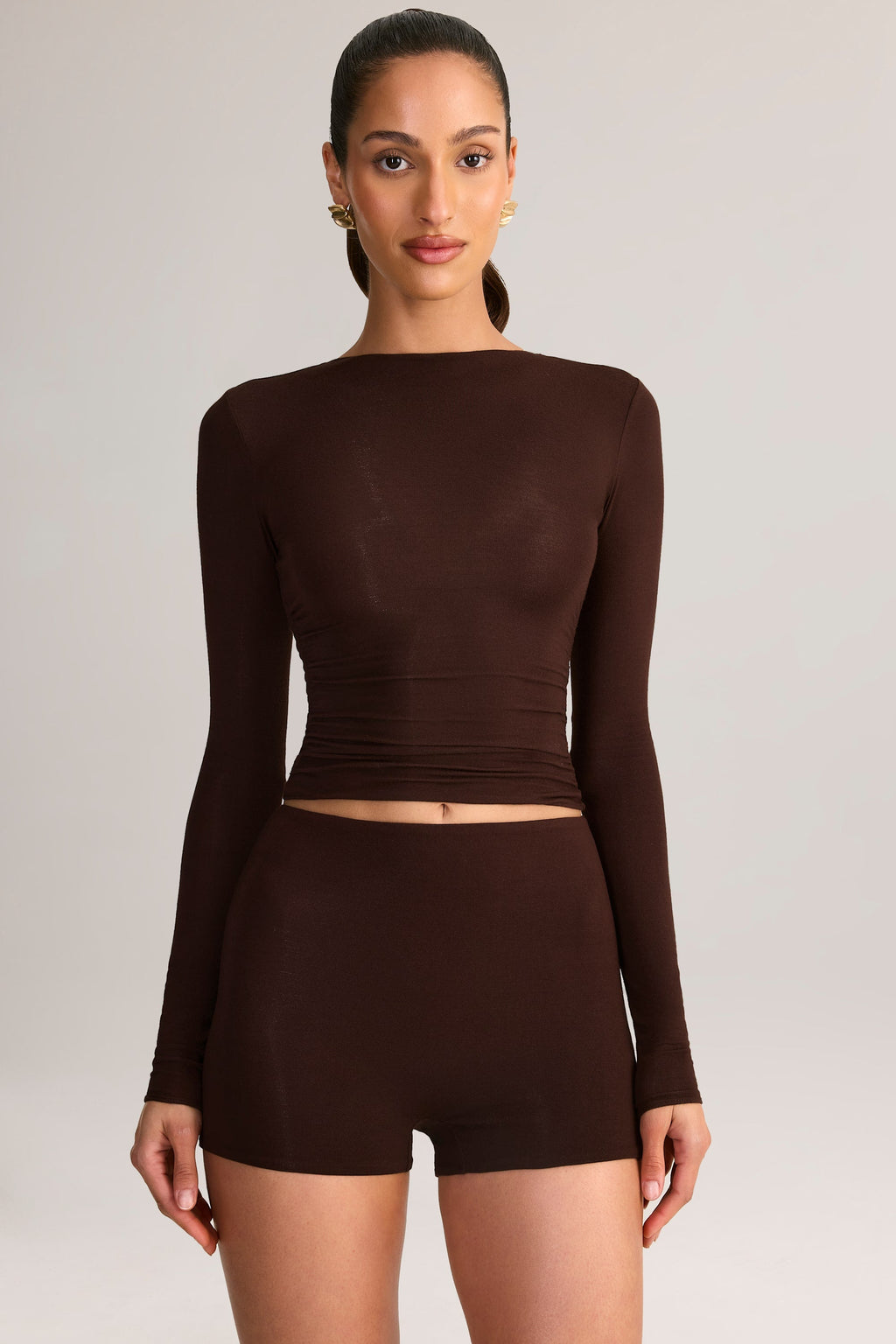 Modal High-Rise Bodycon Mini Shorts in Chocolate Brown