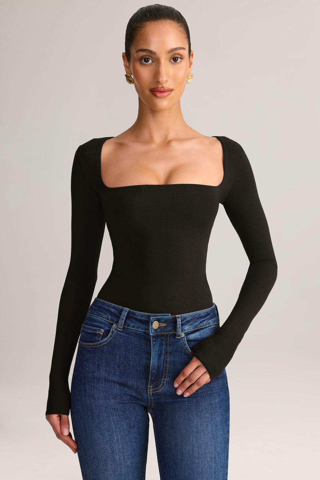 Modal Square-Neck Long-Sleeve Top in Black