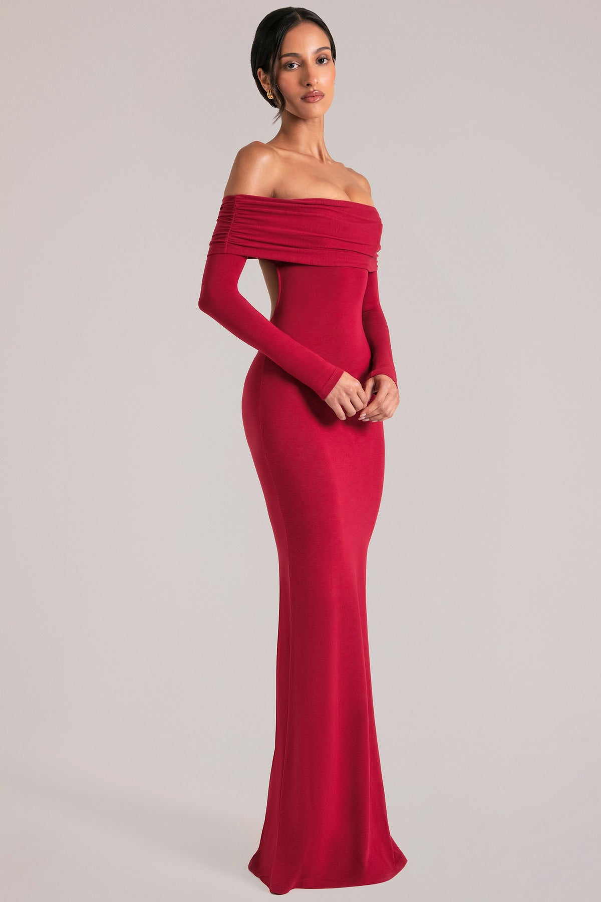 Off-Shoulder Long-Sleeve Maxi Dress in Cherry Red