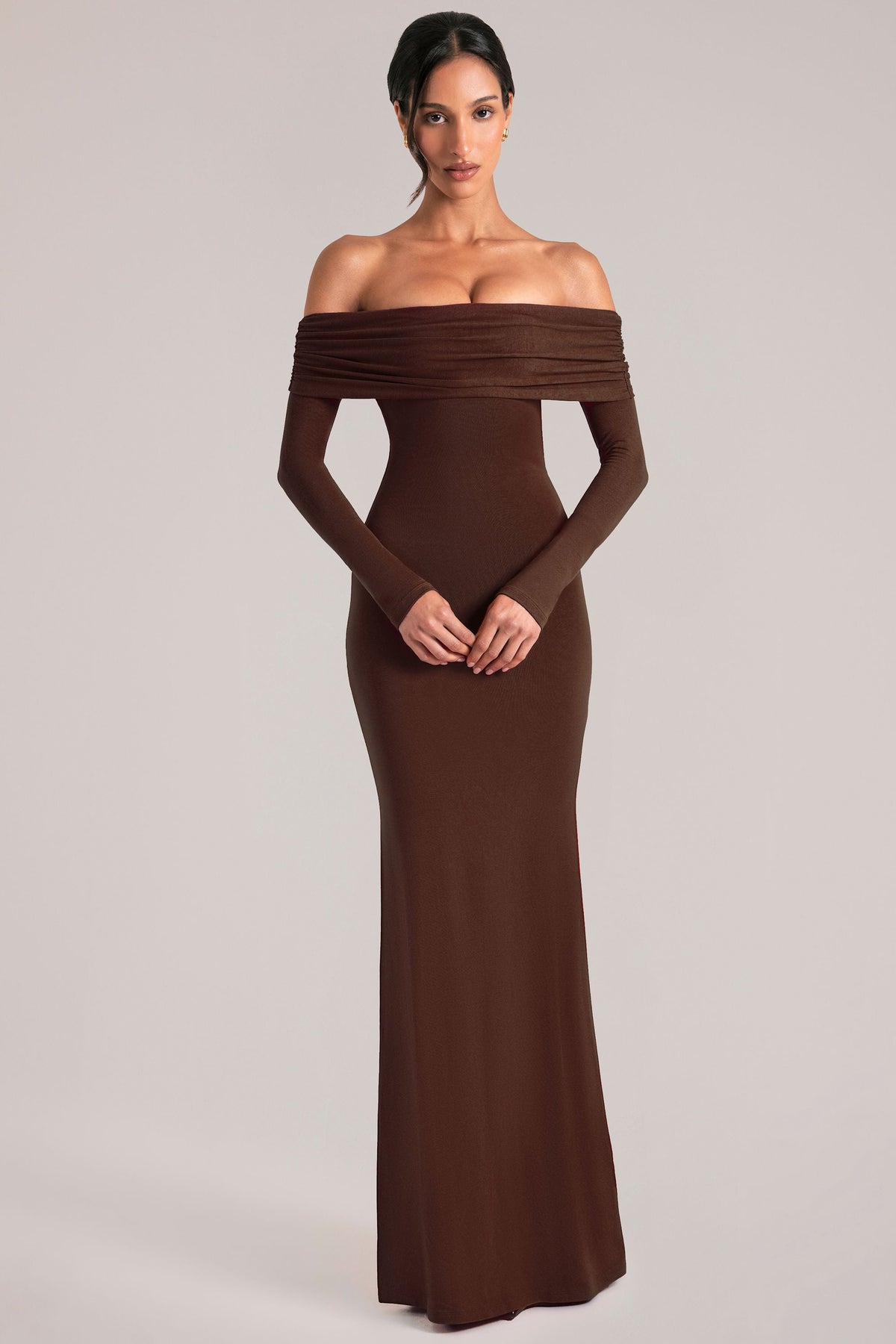 Off-Shoulder Long-Sleeve Maxi Dress in Chocolate Brown