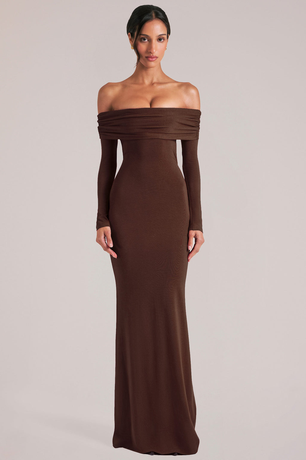 Off-Shoulder Long-Sleeve Maxi Dress in Chocolate Brown