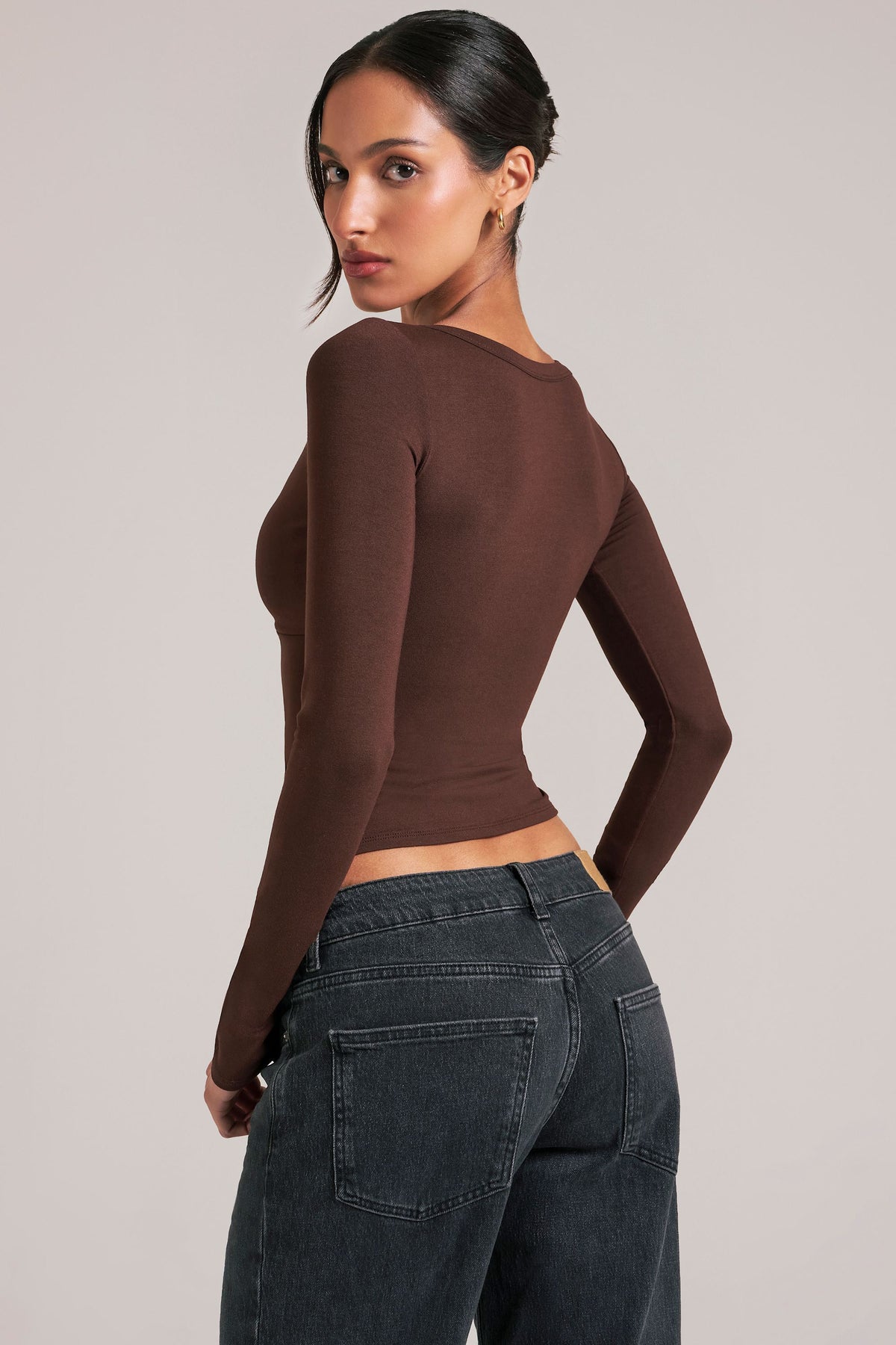 V-Neck Long-Sleeve Top  in Chocolate Brown
