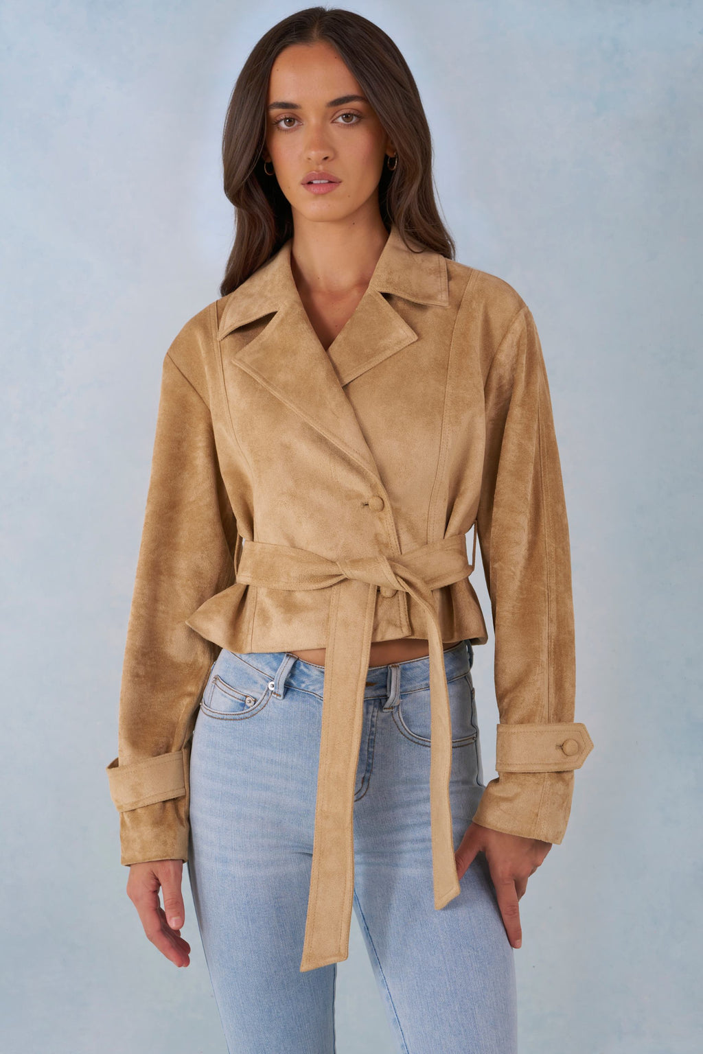 Faux Suede Cropped Belted Jacket in Tan
