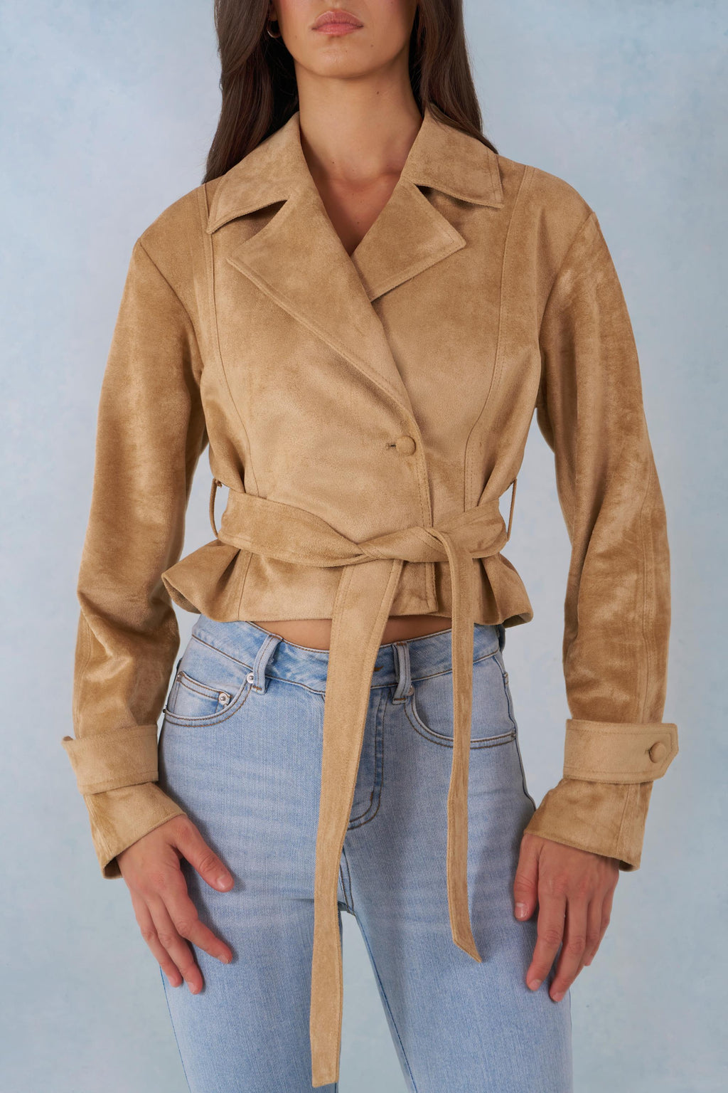 Faux Suede Cropped Belted Jacket in Tan