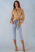 Faux Suede Cropped Belted Jacket in Tan