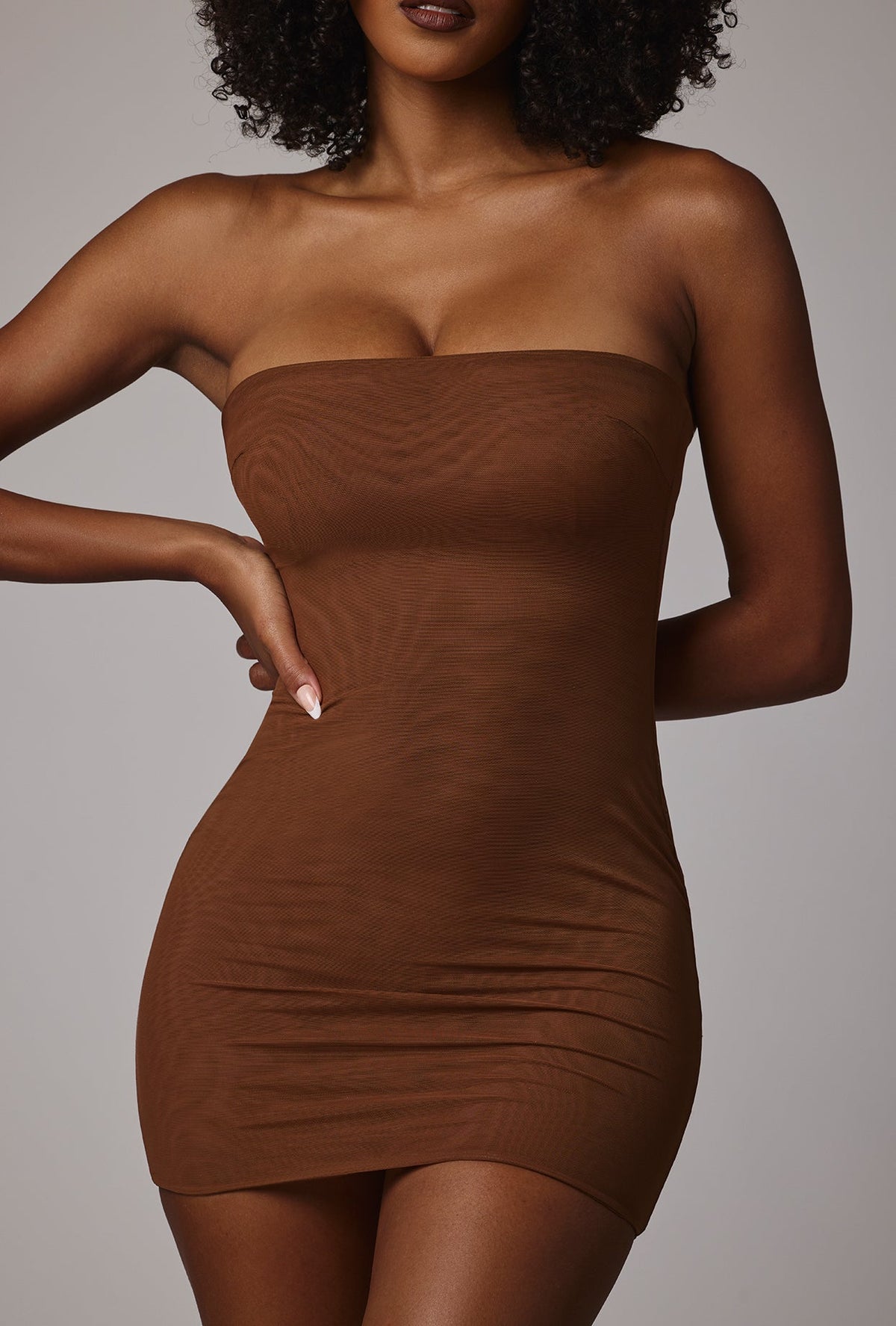 Soft Sheer-Mesh Bandeau Mini Slip Dress in Mocha