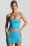 Embellished Mid-Rise Micro Mini Skirt in Aqua Blue