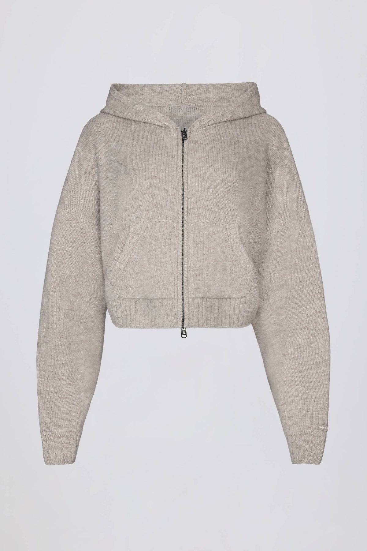 Soft Knit Zip-Up Cropped Hoodie in Beige