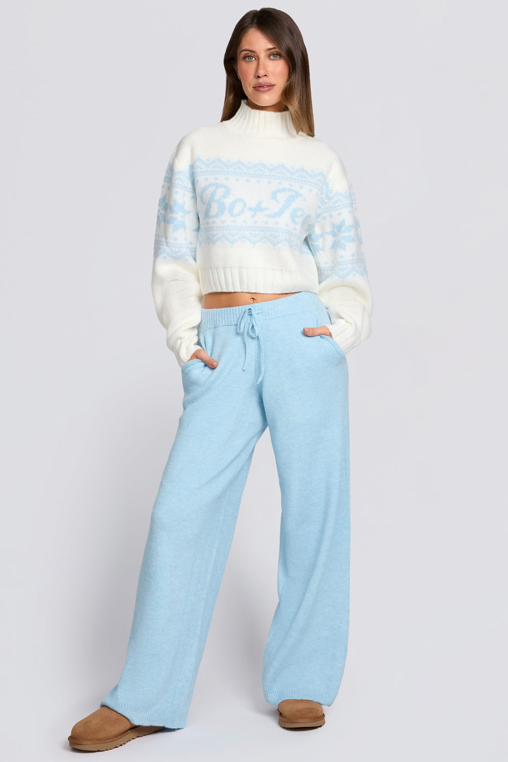 Knit Mid-Rise Wide-Leg Joggers in Powder Blue