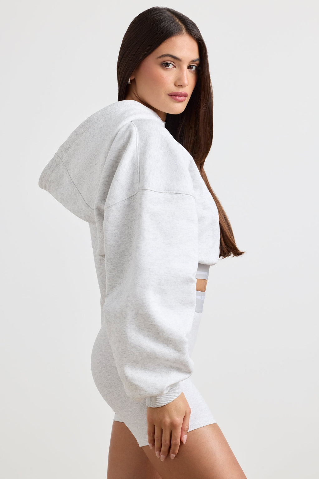 Stretch Cotton Fleece Cropped Hoodie in Grey Marl