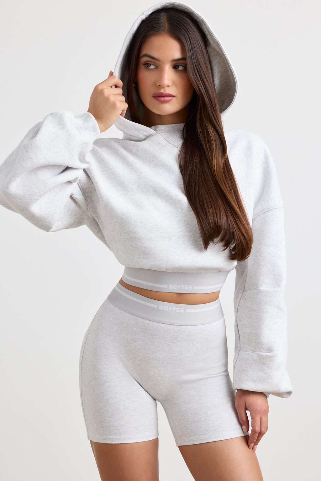 Stretch Cotton Fleece Cropped Hoodie in Grey Marl