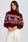 Jacquard-Knit Cropped Jumper in Crimson Red