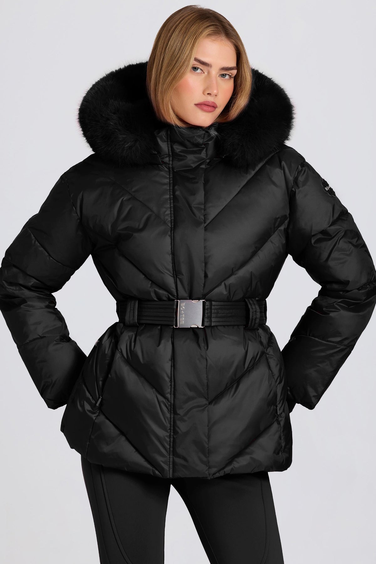Waterproof Faux-Fur Hood Ski Jacket in Black