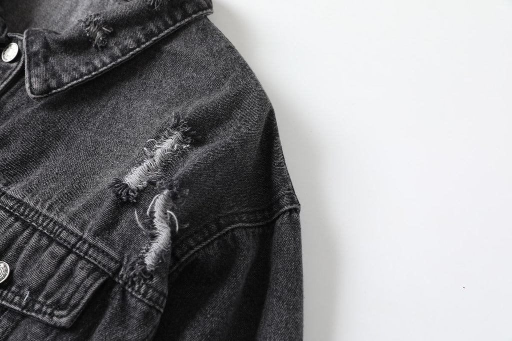 Karen Plus Size Ripped Denim Jacket (Black)