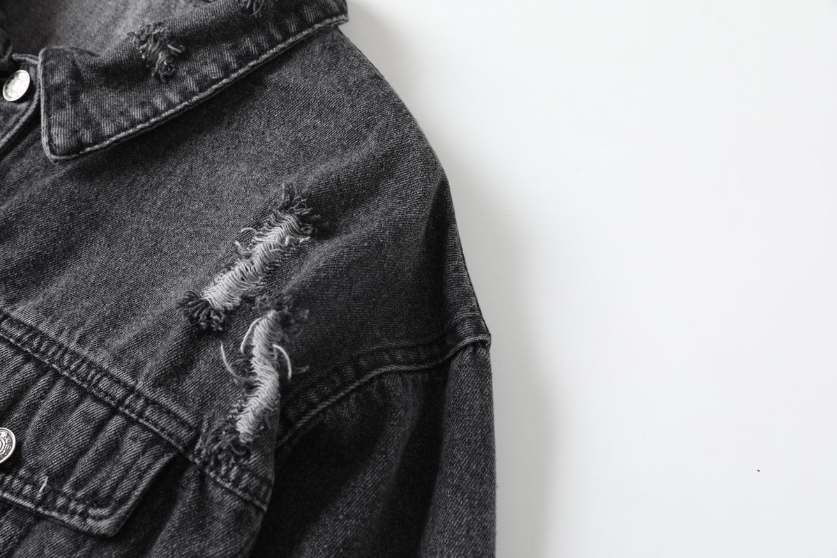 Karen Plus Size Ripped Denim Jacket (Black)