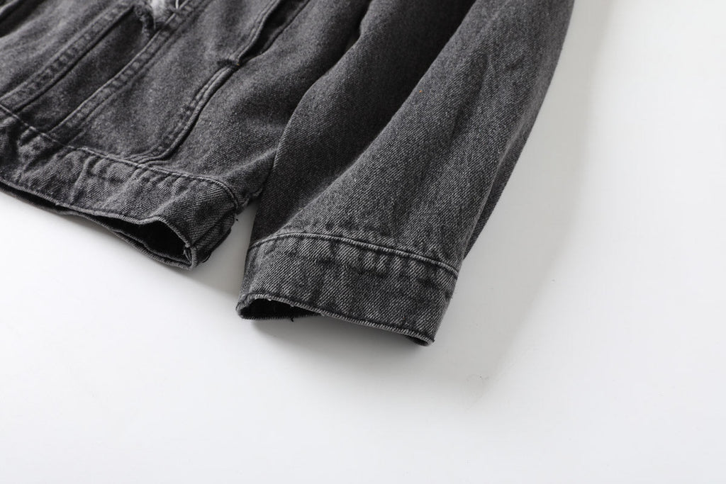 Karen Plus Size Ripped Denim Jacket (Black)