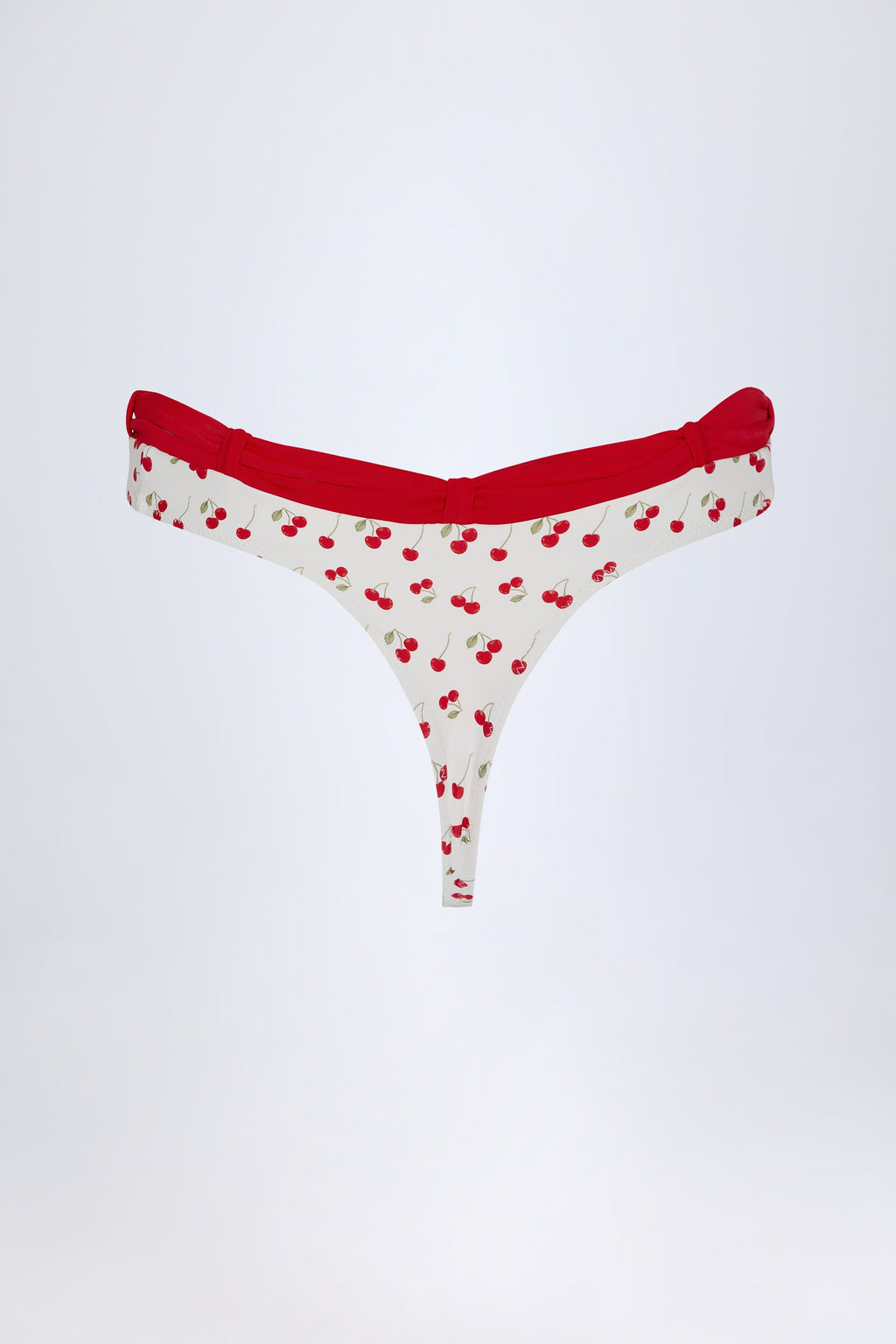 Contrast Belted Thong Bikini Bottoms in Cherry Print