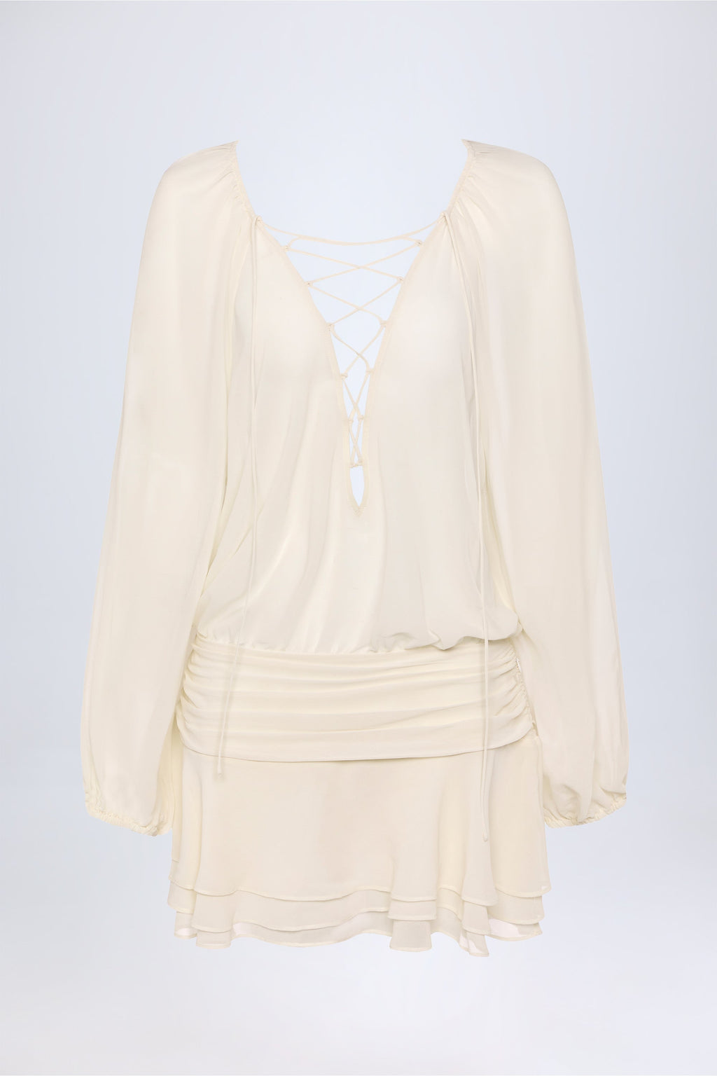 Lace-Up Balloon-Sleeve Mini Dress in Ivory