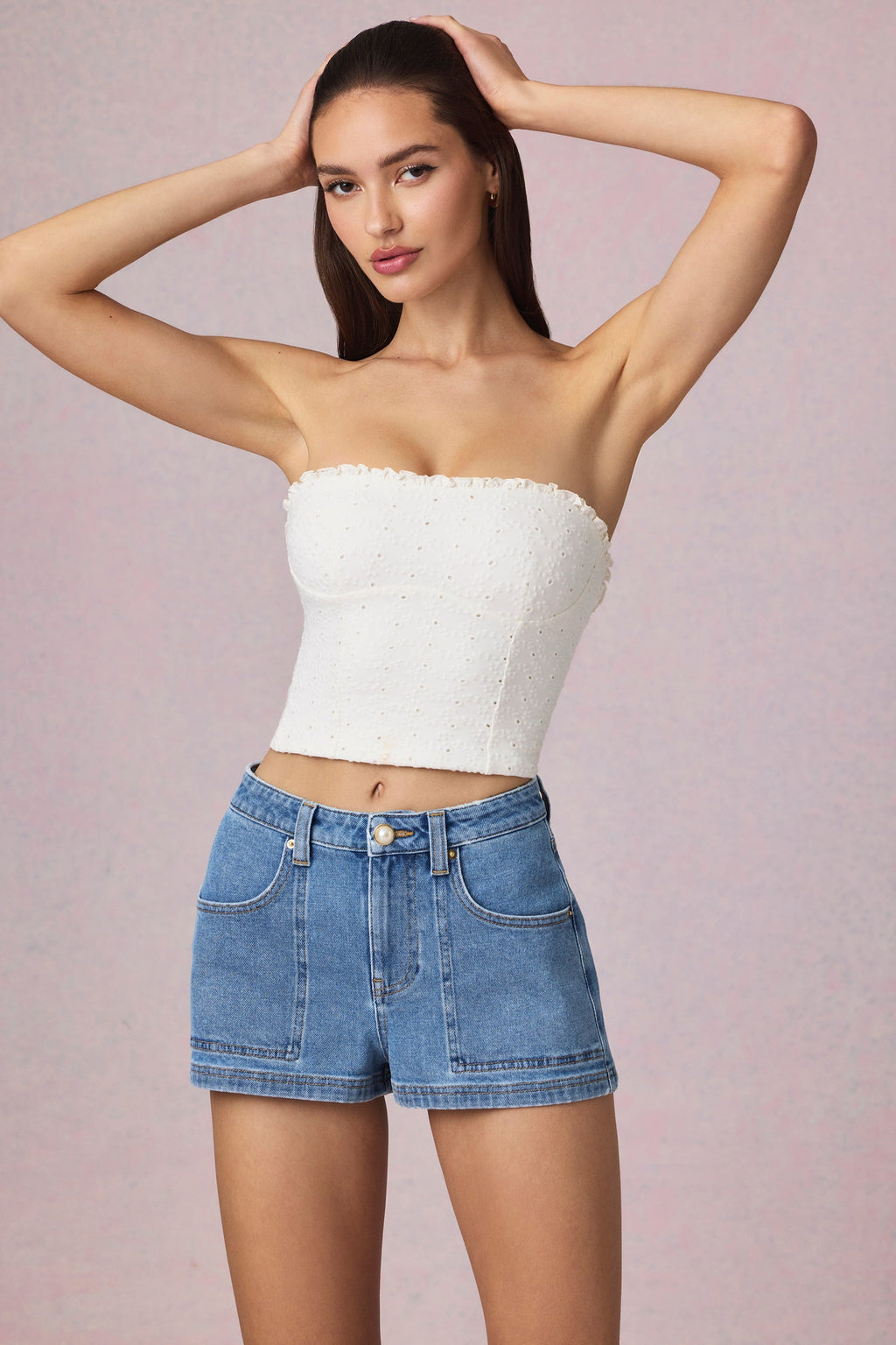 High-Waist A-Line Shorts in Mid-Blue Wash