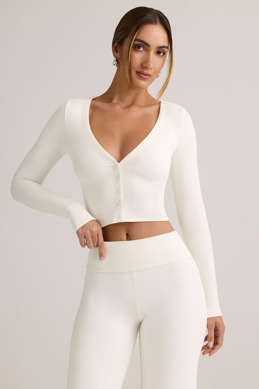 Modal Ribbed Cropped Cardigan in White