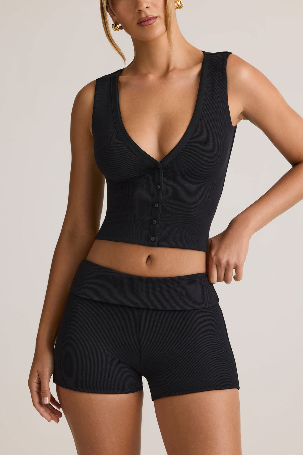 Modal Ribbed Mid-Rise Foldover Shorts in Black