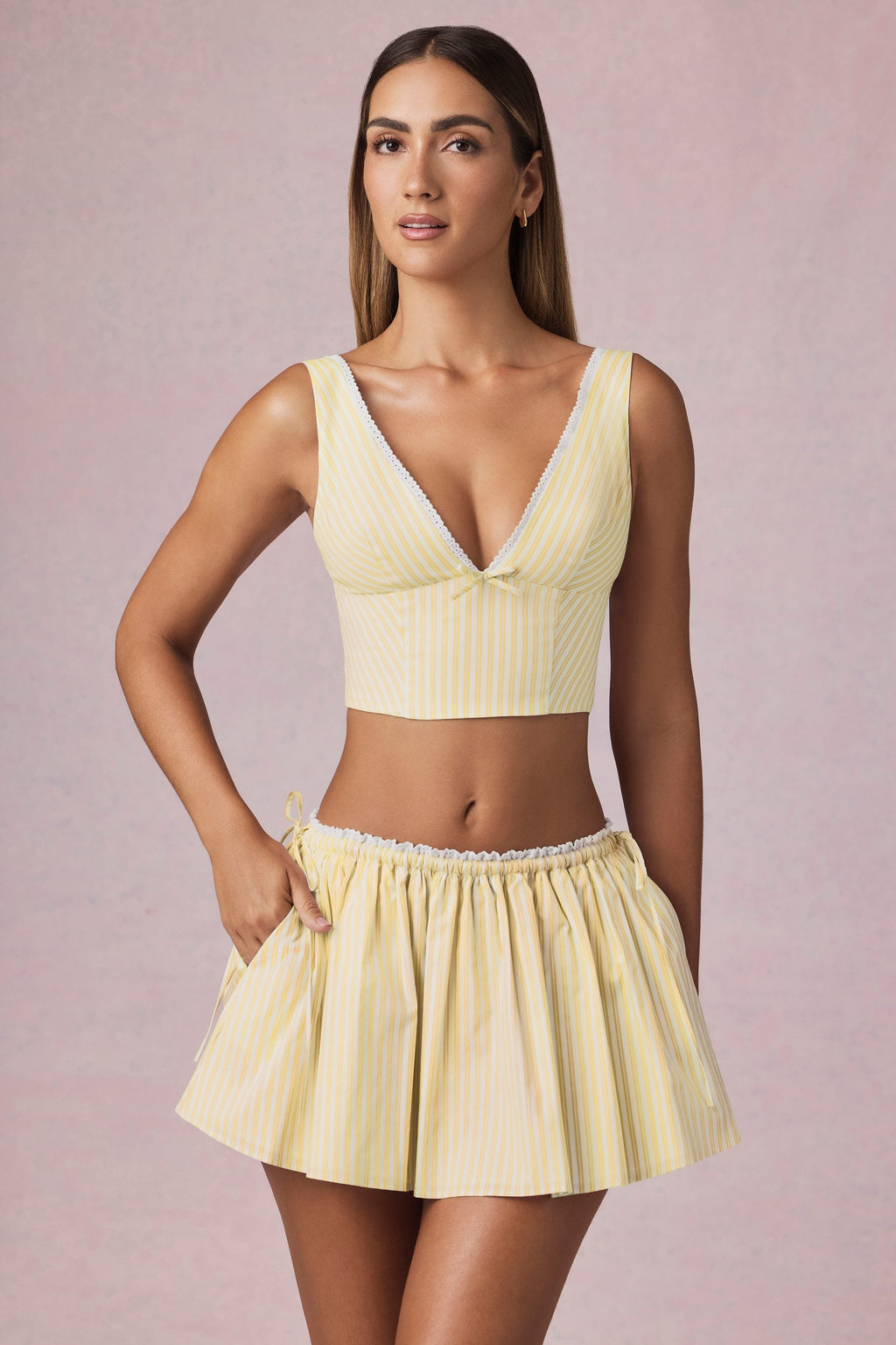 Ruched Drawstring Mini Skirt in Lemon Yellow Stripe