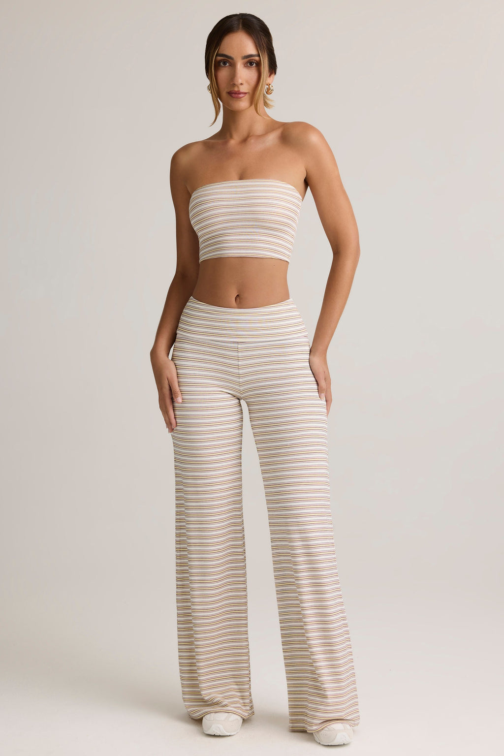 Modal Foldover Wide-Leg Trousers in Pink & Yellow Stripe