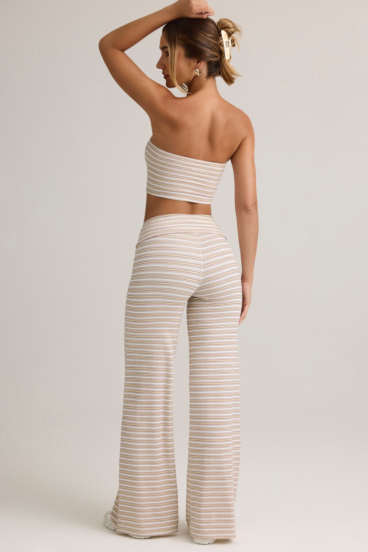 Modal Foldover Wide-Leg Trousers in Pink & Yellow Stripe