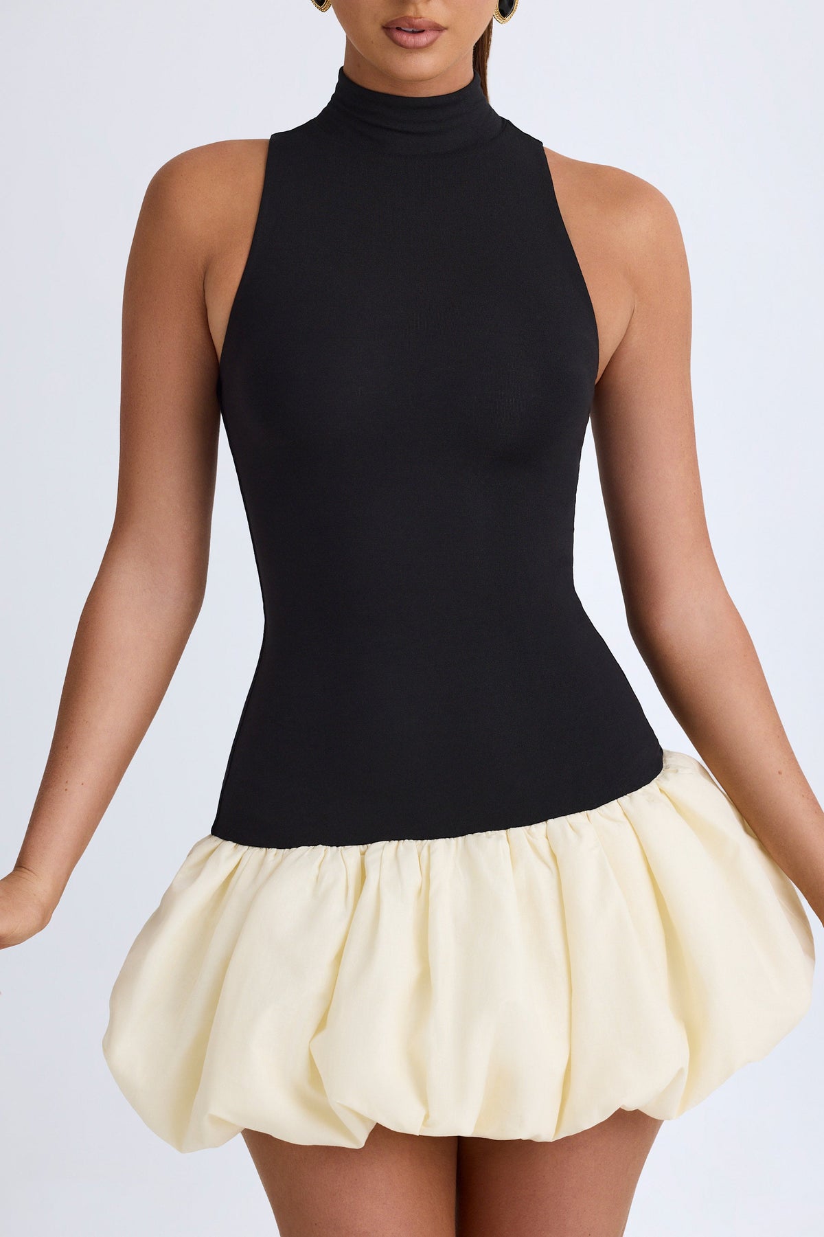 Modal Turtleneck Drop-Waist Bubble Hem Mini Dress in Black