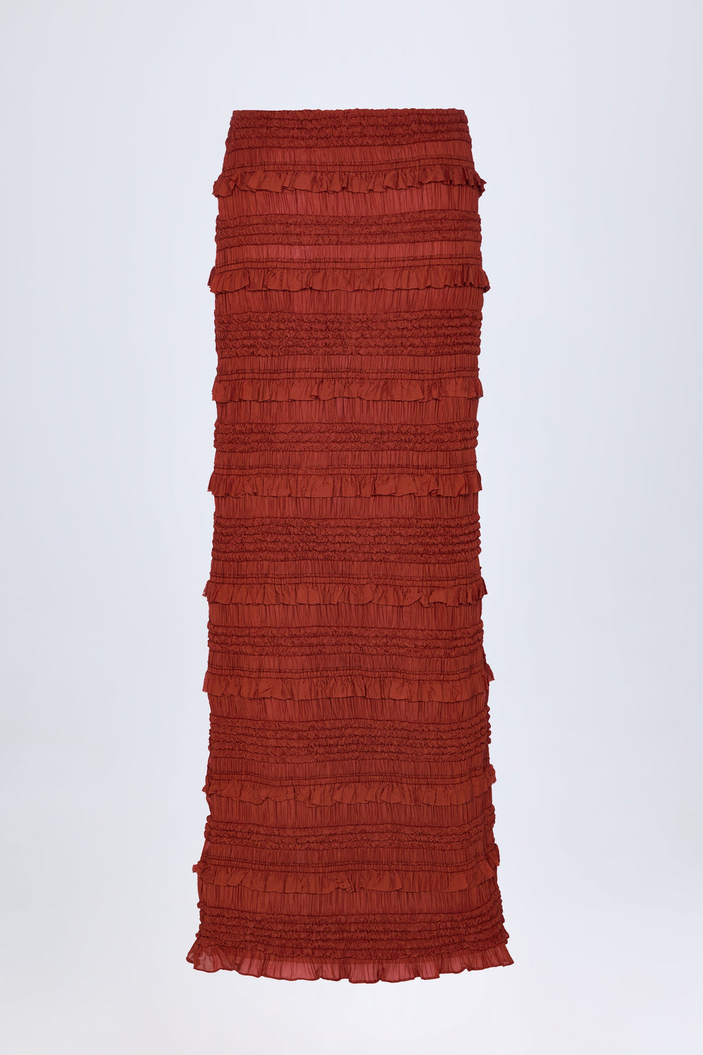 Ruffled Mid-Rise Maxi Skirt in Burnt Red