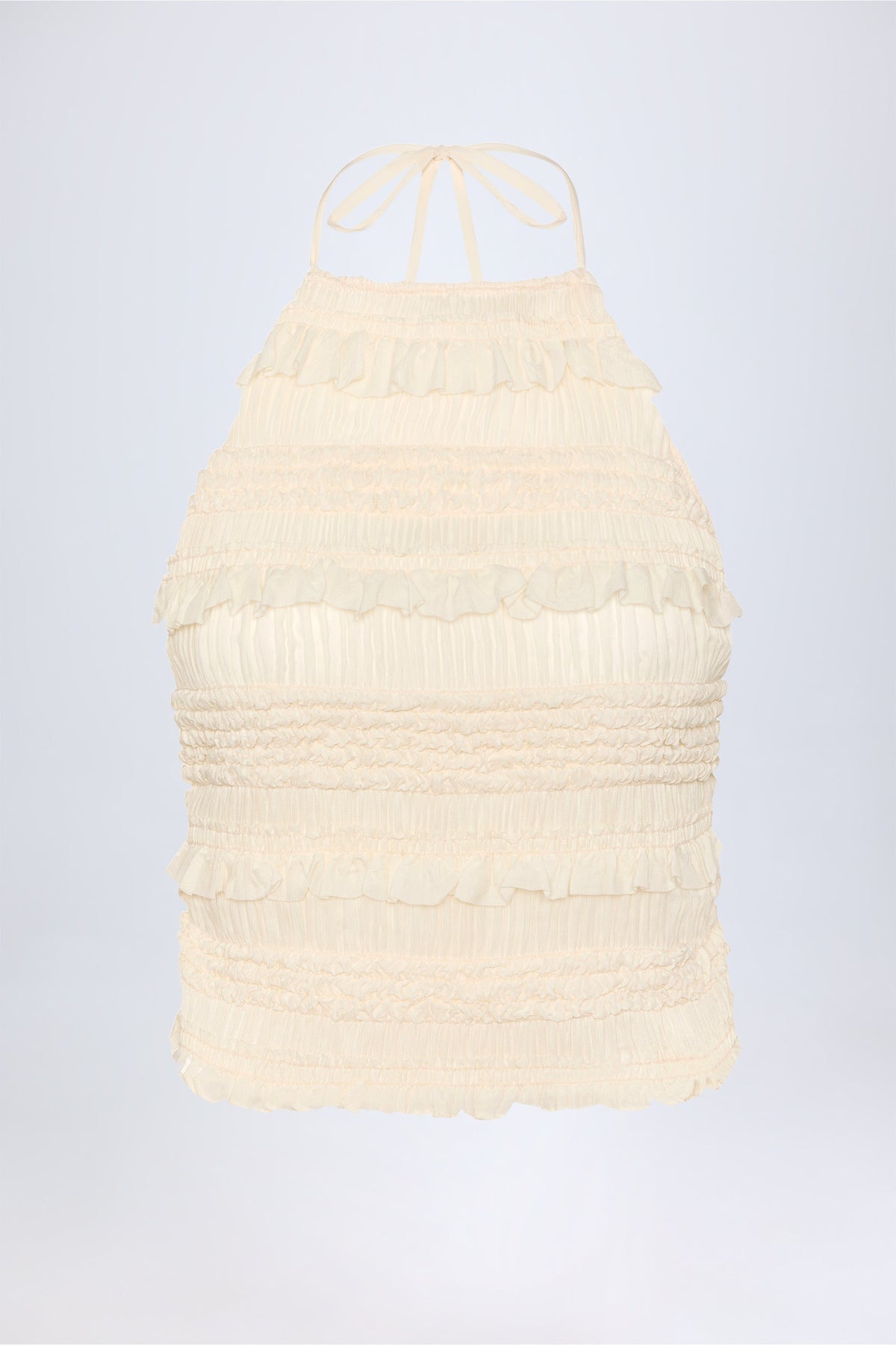 Ruffled High-Neck Backless Top in Ivory