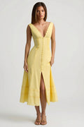 Cotton-Poplin A-Line Midaxi Dress in Pastel Yellow