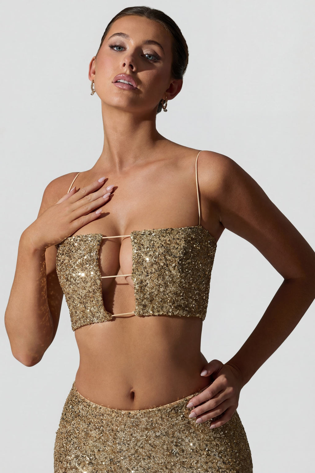 Embellished Cut-Out Crop Top in Gold