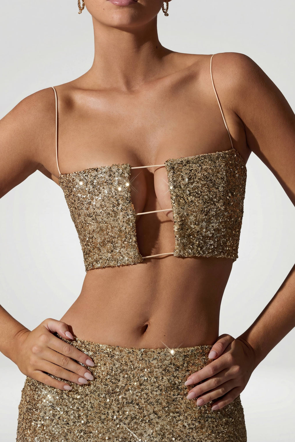 Embellished Cut-Out Crop Top in Gold