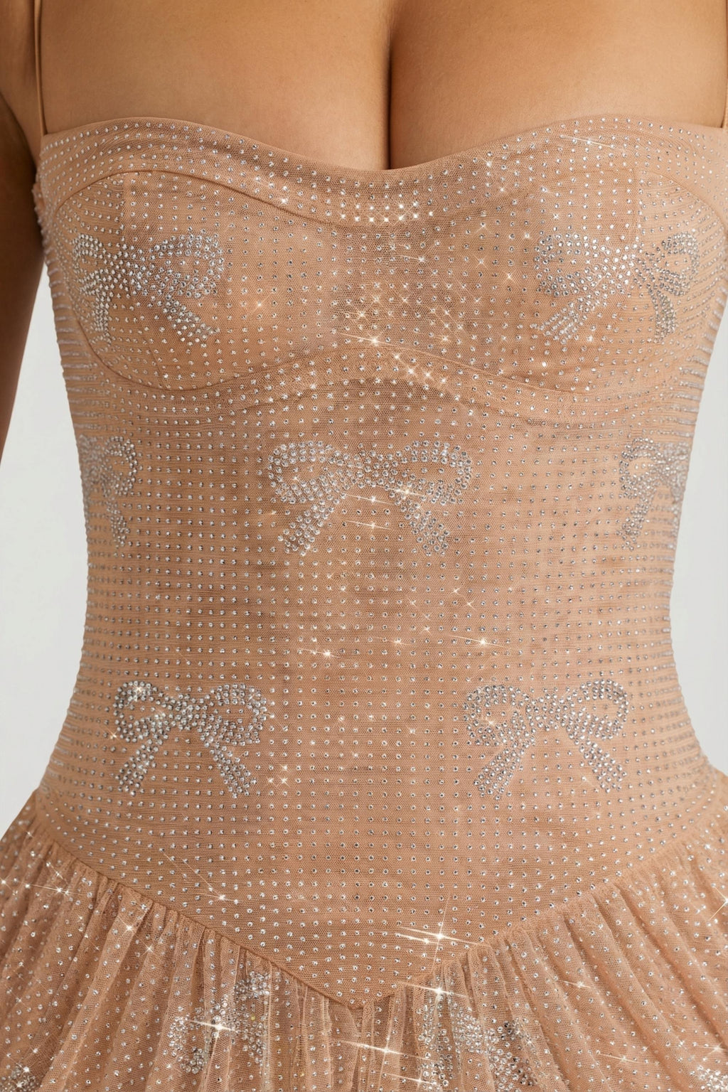 Embellished Strappy Skater Mini Dress in Almond