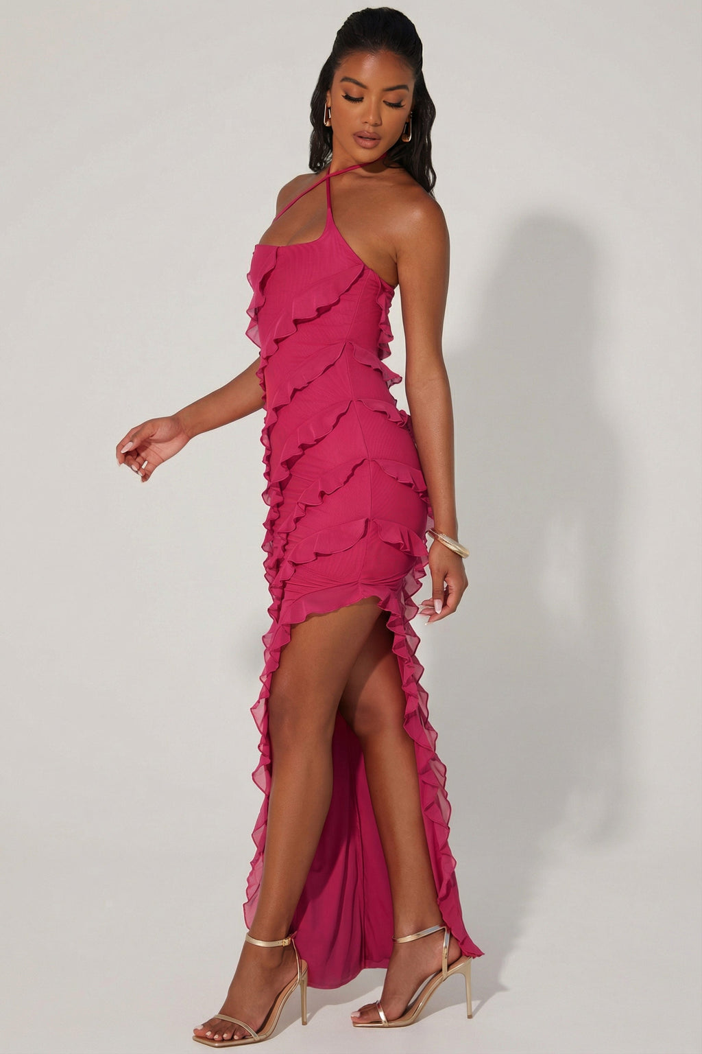 Cross Strap Ruffle Floor Length Dress in Fuchsia