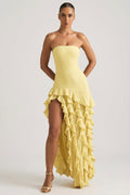 Ruffle-Trim Strapless Gown in Pastel Yellow