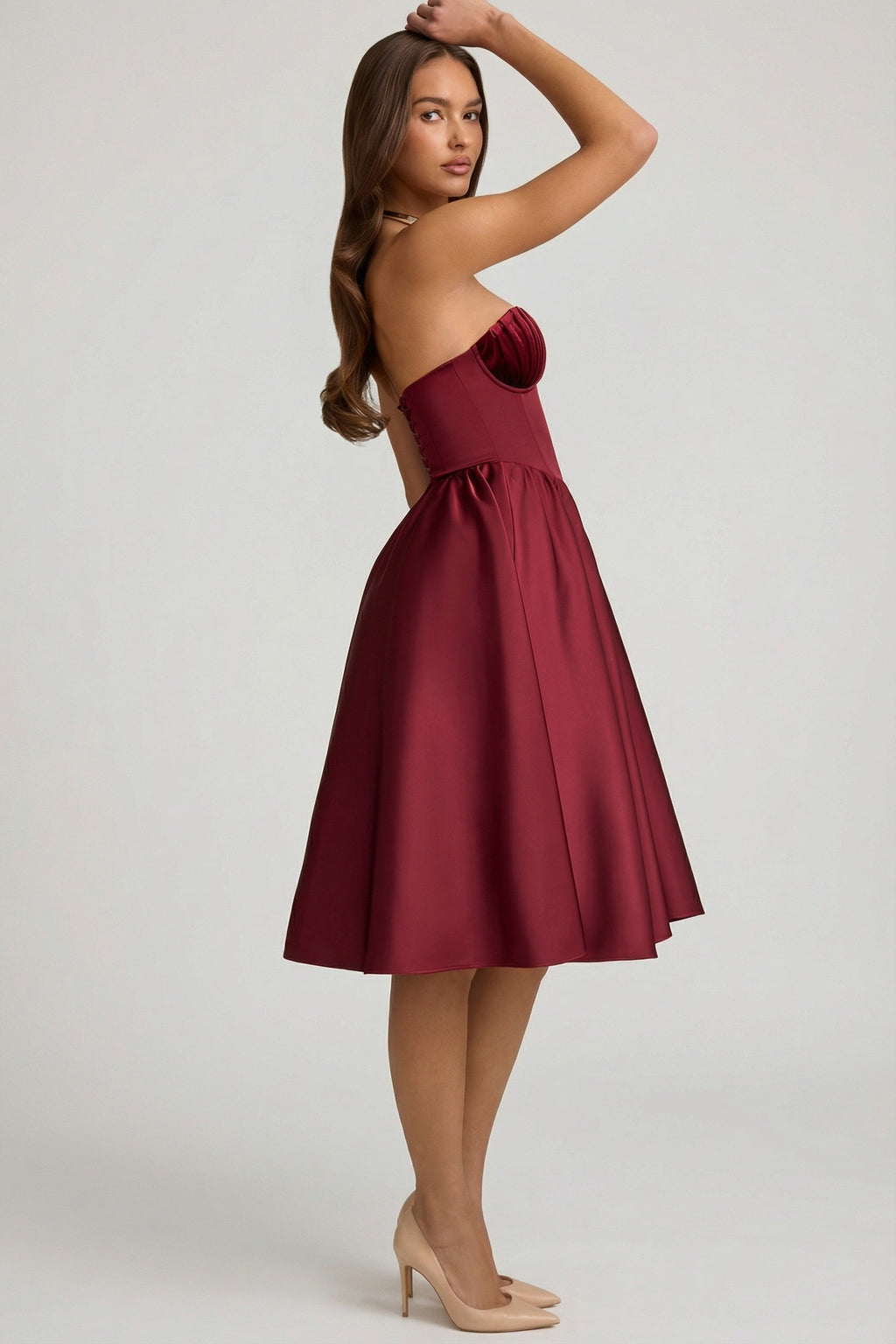 Strapless Corset Midi Dress in Wine Red