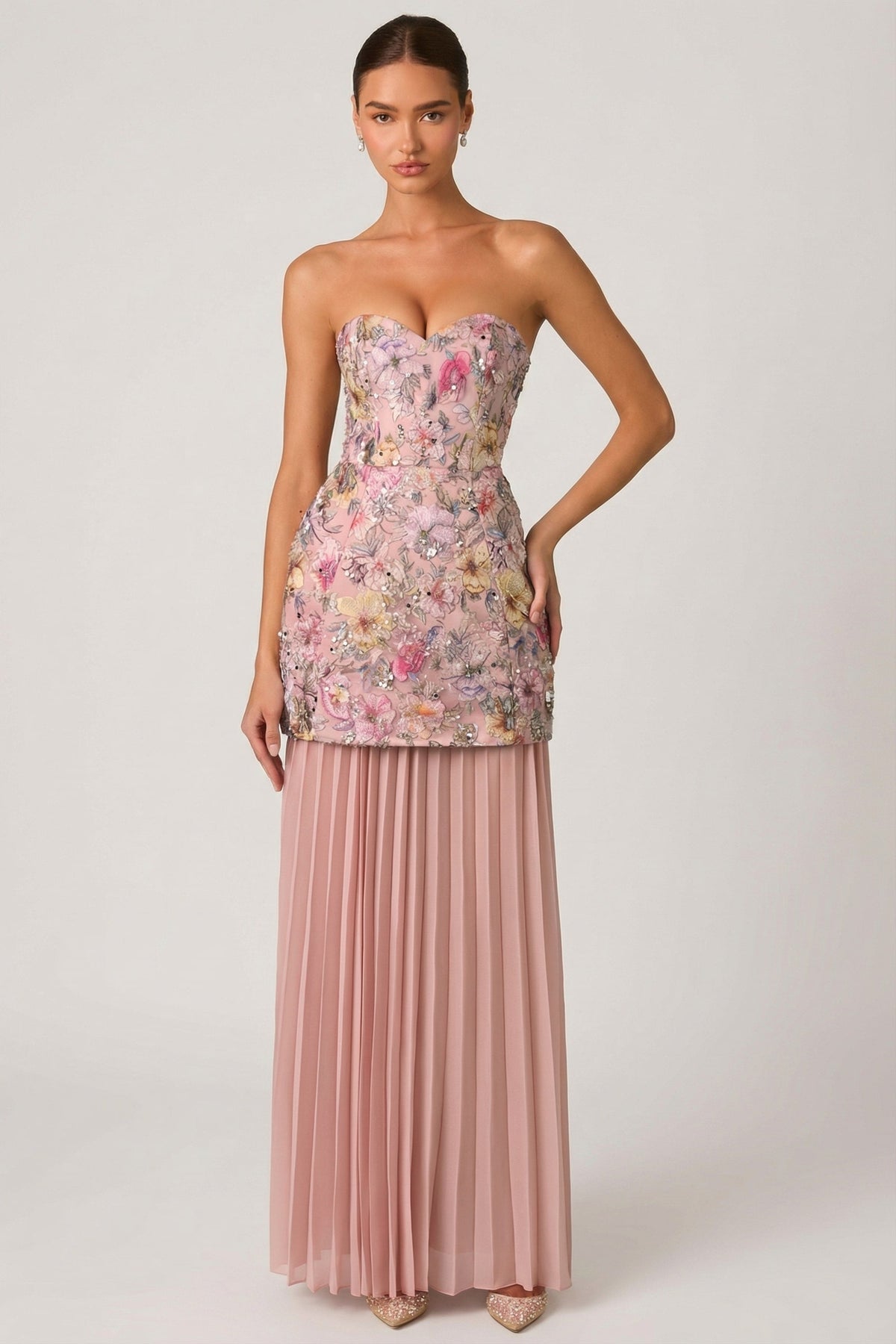 Embellished Convertible Lace-Up Gown in Floral Pink