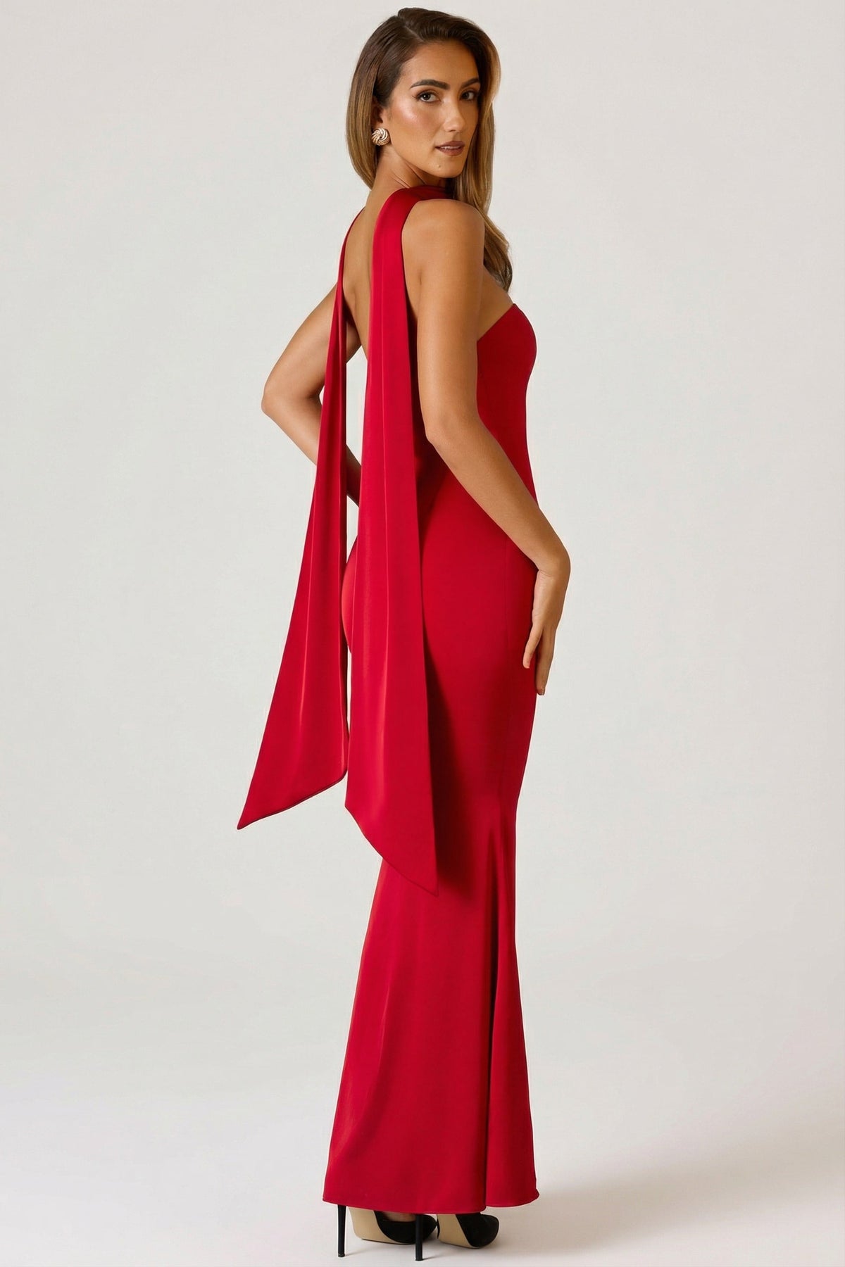 Scarf-Detail Strapless Gown in Scarlet Red