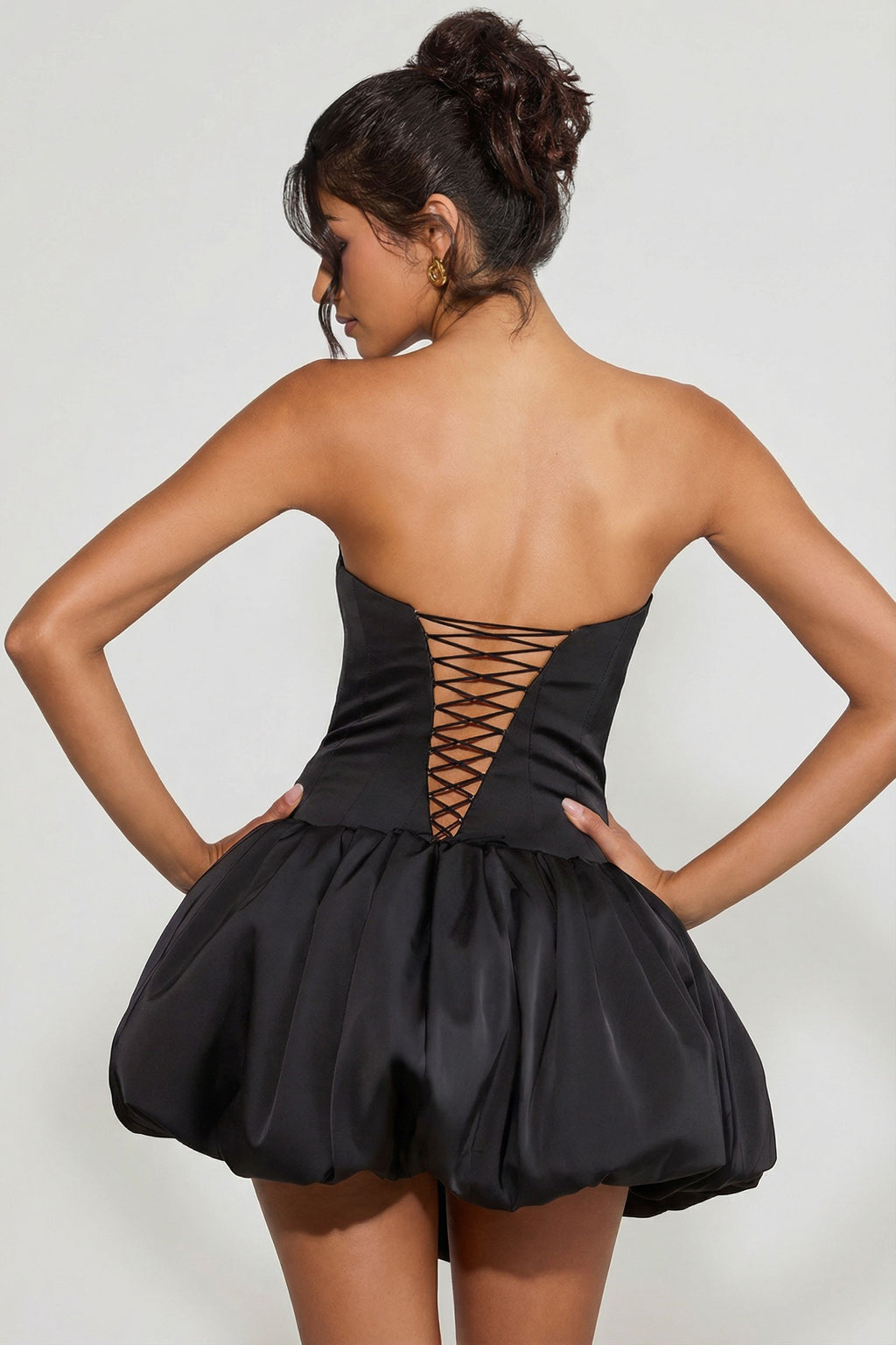 Lace-Up Bubble Hem Corset Micro Mini Dress in Black