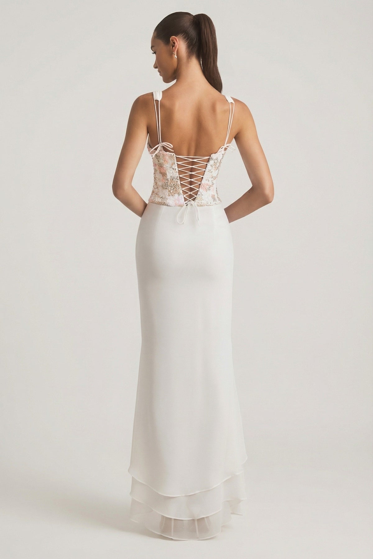 Embellished Plunge Ruffled Corset Maxi Dress in Ivory