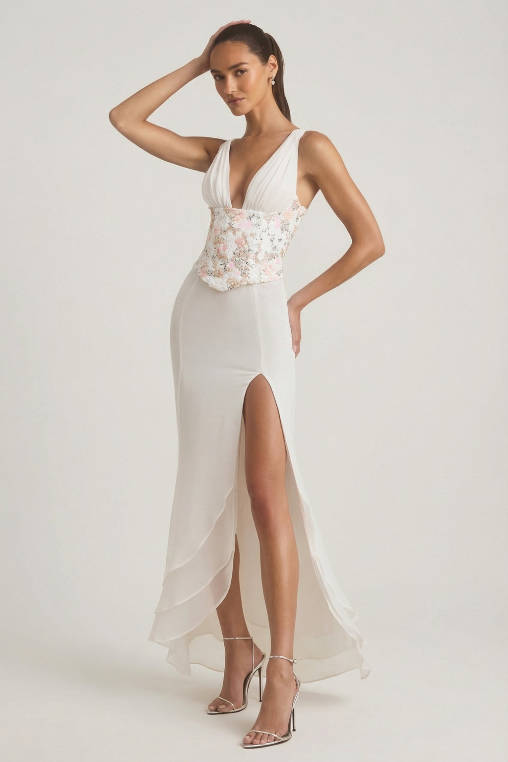 Embellished Plunge Ruffled Corset Maxi Dress in Ivory