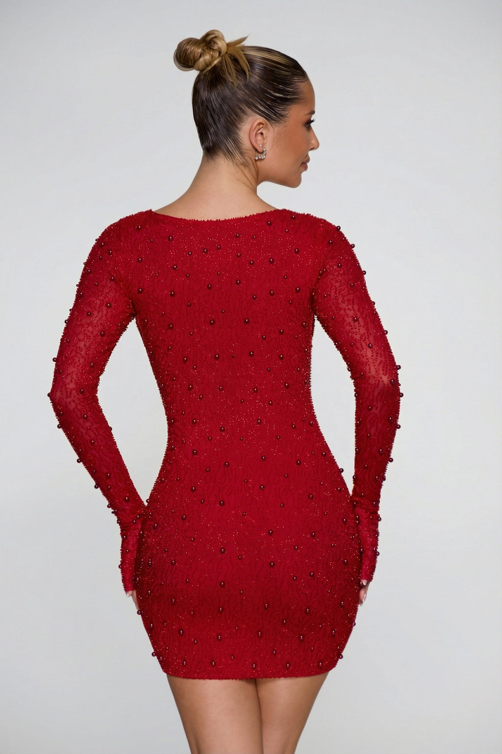 Long Sleeve Deep Plunge Mini Dress in Red