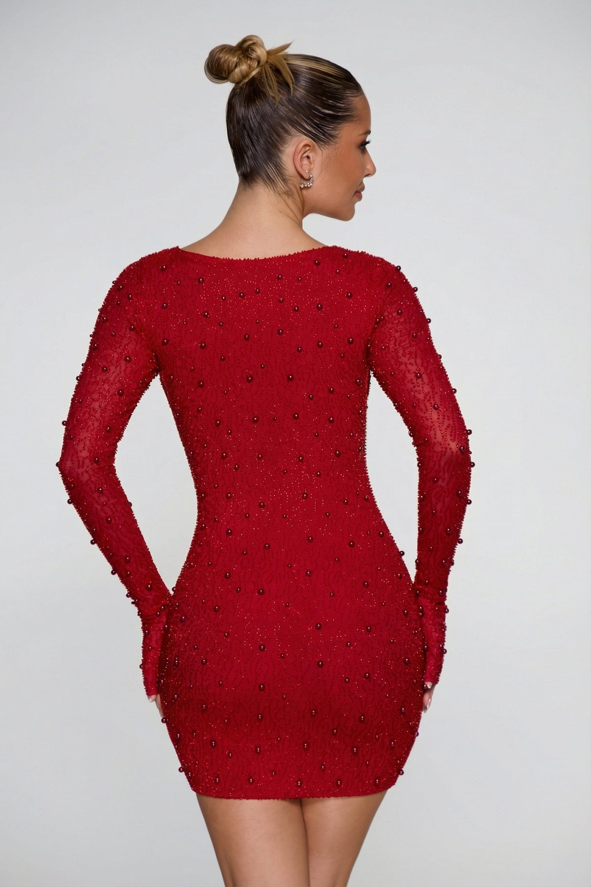 Long Sleeve Deep Plunge Mini Dress in Red